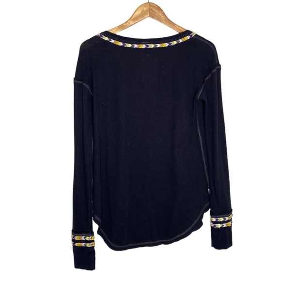 Free People Black Rainbow Thermal Waffle Knit Embroidered Henley Top Size Small - Picture 10 of 12